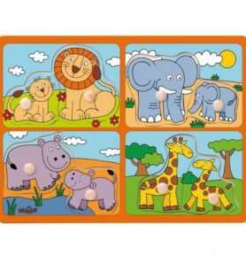 Puzzle vkládací - Safari zvířata s mláďaty, 8ks (Woody)