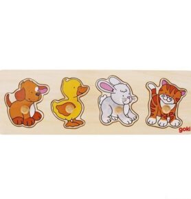 Puzzle pro nejmenší - Úchyt, Zvířátka s pejskem, 4ks (Goki)