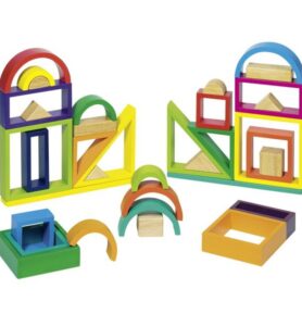 Kostky - S průhledy, Duha geometrické tvary, 38ks (Goki)