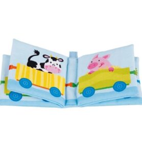 První knížka - Textilní s pískátkem a fólií, Vláček (Goki)