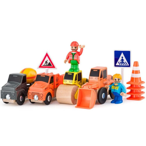 Vláčkodráha auta - Stavební stroje, 12 dílků (Woody)