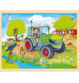 Puzzle na desce - Velké A3, Traktor zelený, 96 dílků (Goki)