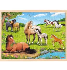 Puzzle na desce - Velké A3, Koně na louce, 96 dílků (Goki)