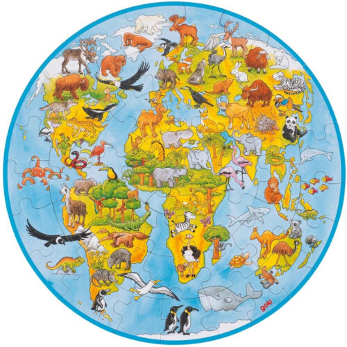 Puzzle z kartónu - Mapa světa se zvířaty, 49 dílků (Goki)