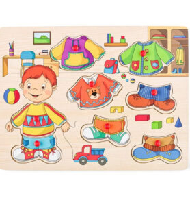 Puzzle oblékání na desce - Šatní skříň kluk, 8ks (Woody)