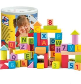 Kostky - Barevné v kyblíku, Vhazovačka, ABC a čísla, 60ks (Woody)