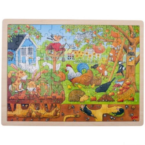 Puzzle na desce - Velké A3, Zahrádka nad i pod zemí, 96ks (Goki)