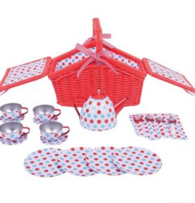Nádobí dětské - Čajový set v košíku, Červený puntíkovaný (Bigjigs)