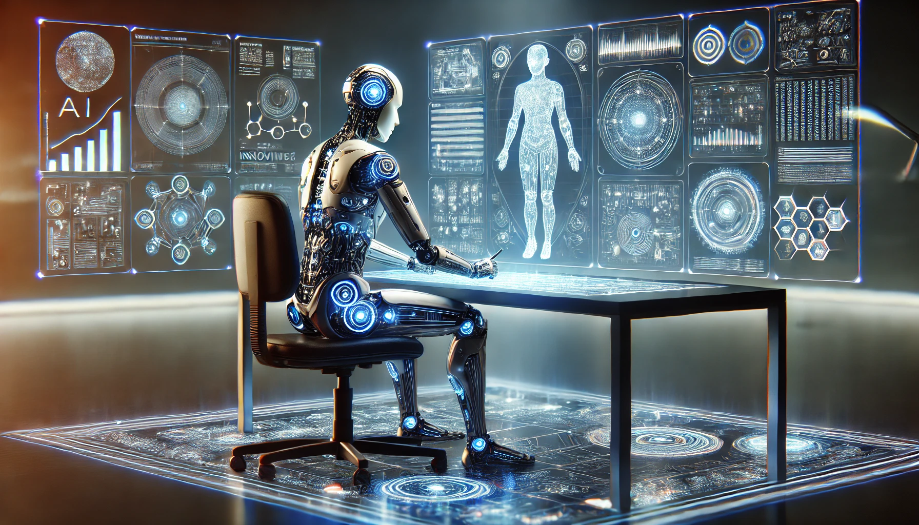 robot sedící na elegantní pracovní stanici obklopené holografickými obrazovkami zobrazujícími složité diagramy, inovativní modré výtisky a svítící.