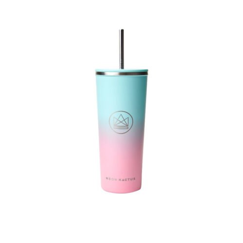 Neon Kactus Designový nerez pohár s brčkem 710 ml Tyrkysovo/růžový