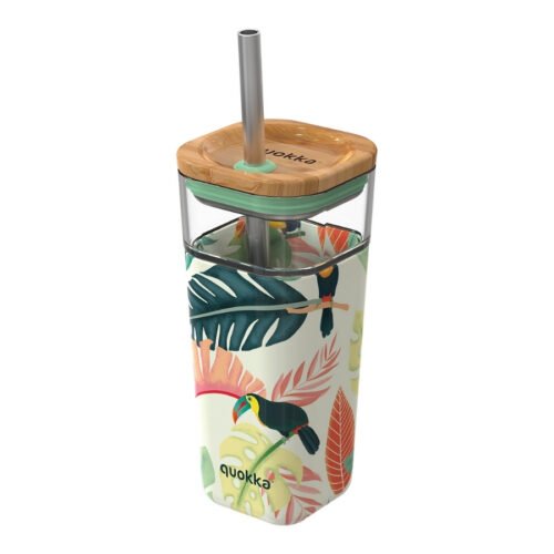 Quokka Skleněný pohár s brčkem Liquid Cube 540 ml Toucans