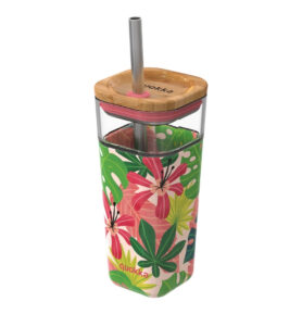 Quokka Skleněný pohár s brčkem Liquid Cube 540 ml Pink Jungle