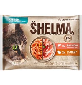 Shelma Kitten bezobilné dušené filetky losos a krůta pro koťata 4 × 85 g