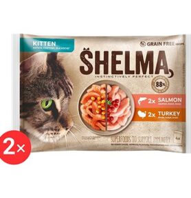 Shelma Kitten bezobilné dušené filetky losos a krůta pro koťata 2 balení 4 × 85 g