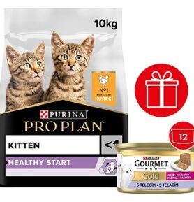 Pro Plan Cat Kitten Healthy Start s kuřetem 10 kg + Gourmet Gold Kitten paštika s telecím 12 × 85 g