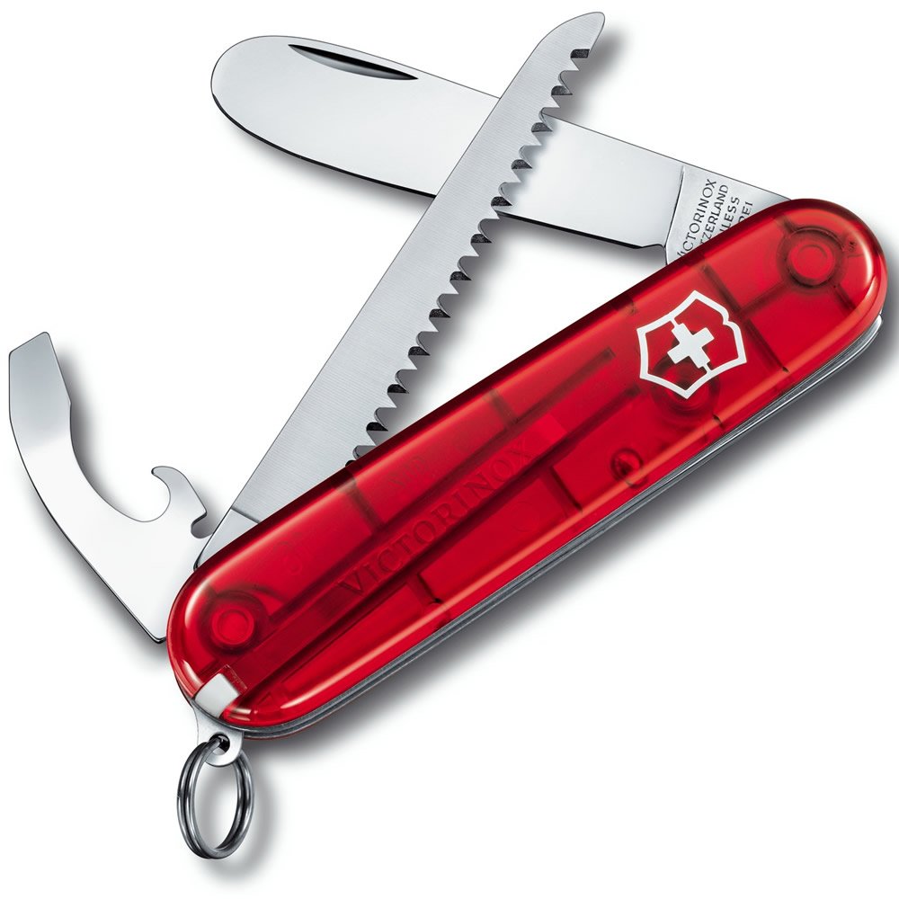 VICTORINOX nůž MŮJ PRVNÍ KAPESNÍ NŮŽ 84mm ČERVENÝ transparentní s pilkou