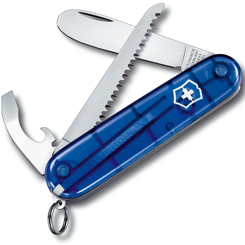 VICTORINOX nůž MŮJ PRVNÍ KAPESNÍ NŮŽ 84mm MODRÝ transparentní s pilkou