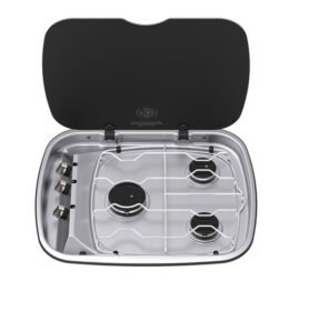 THETFORD Plynový sporák, 3 plameny 2x 1,5 kW 1x 2,5 kW, ovládací knoflíky vlevo