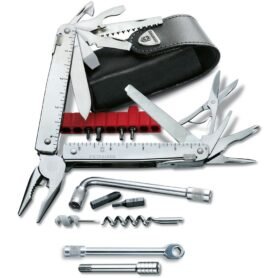 VICTORINOX kleště multifunkční SwissTool PLUS STŘÍBRNÉ v koženém pouzdře (s ráčnou namísto kličky)