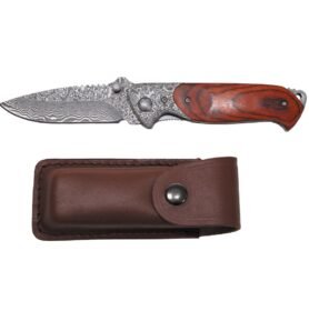 FOX Outdoor nůž zavírací "Damašek" dřevěná střenka + kožené pouzdro
