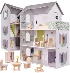 Dřevěný domeček pro panenky s nábytkem 70cm šedý
