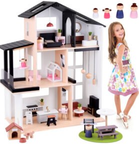 Moderní dřevěný domeček pro panenky ve stylu LOFT s panenkami a nábytkem