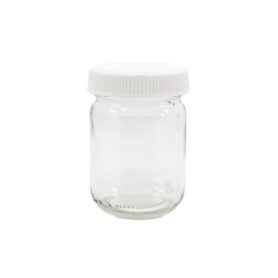 Lahvička skleněná širokohrdlá 130ml s plastovým bílým víčkem