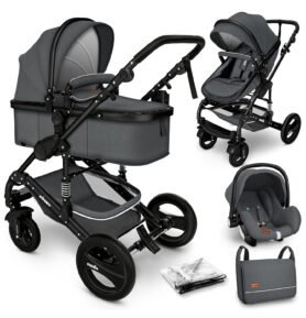 Kiduku Kombinovaný kočárek 3v1 Šedý/Černý