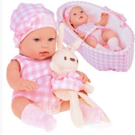 Jokomisiada Panenka Newborn s králíčkem v košíku 32 cm Růžová