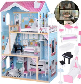 Tomido Dřevěný domeček pro panenky s nábytkem pastelové barvy