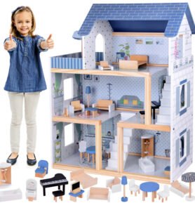 Tomido Domeček pro panenky + nábytek 3 patra terasa dřevěný blankytně modrý