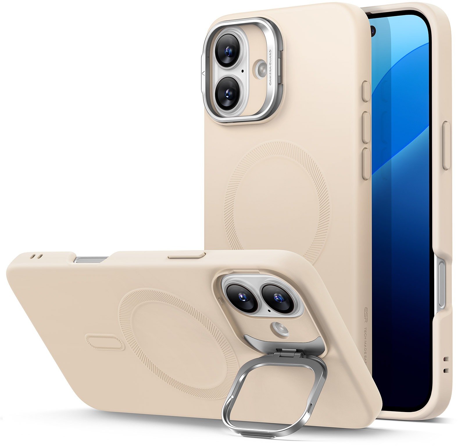 ESR Cloud Soft Case with Stash Stand (HaloLock), Compatible with iPhone 16 Plus, Light Tan