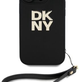 DKNY PU Leather Stack Logo Wrist Strap Zadní Kryt pro iPhone 16 Pro Black