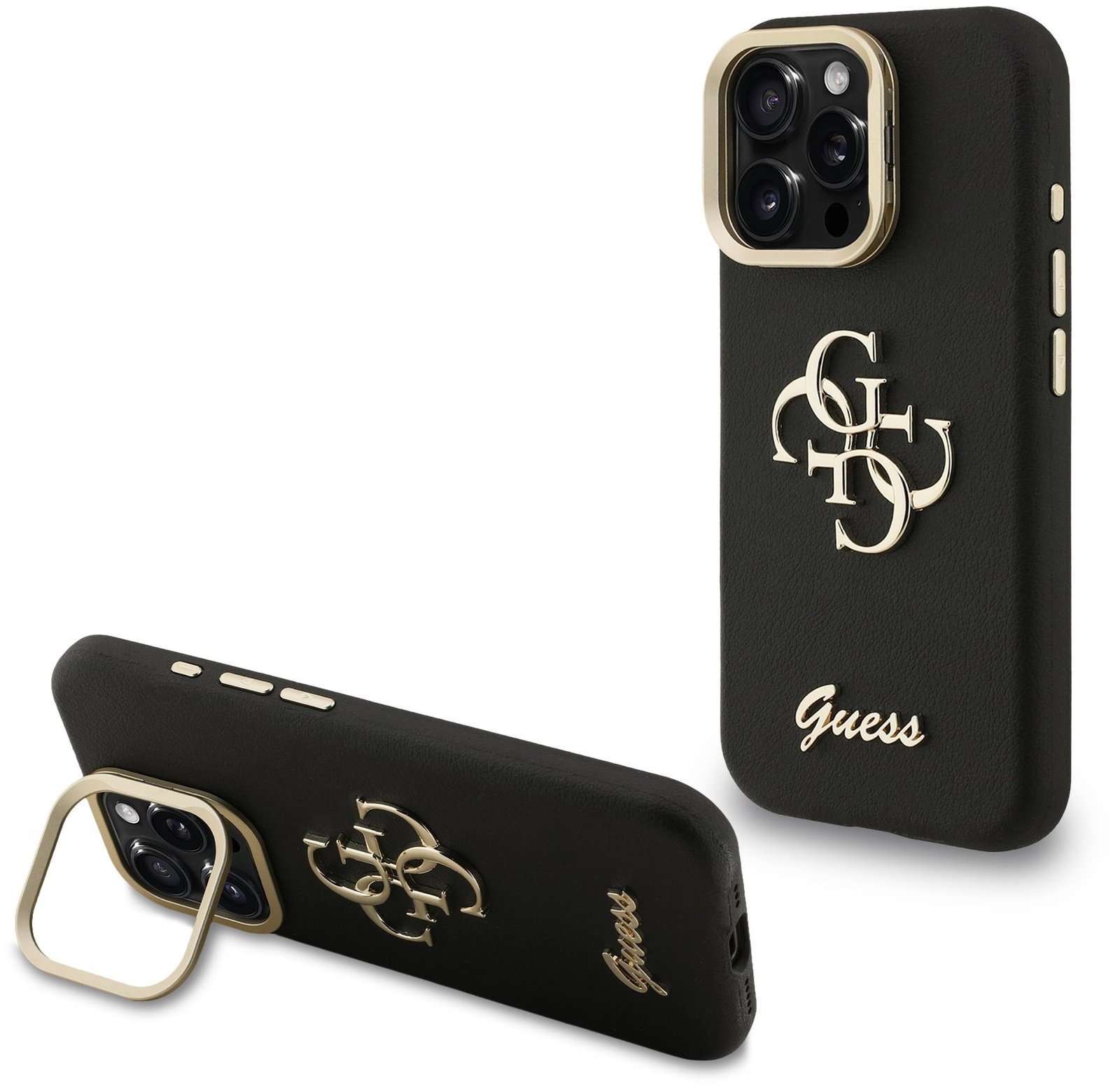 Guess PU Grained 4G Logo Stand Camera Frame Zadní Kryt pro iPhone 15 Pro Max Black