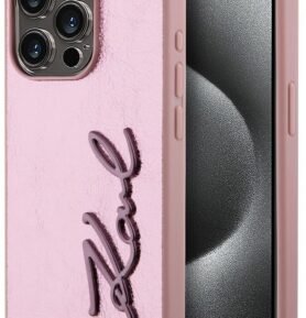 Karl Lagerfeld Wrinkled PU Signature Logo Zadní Kryt pro iPhone 15 Pro Max Pink
