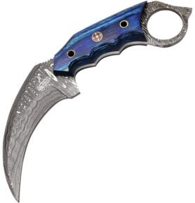 FH Knives nůž FH Karambit damašková ocel s pouzdrem MODRÝ
