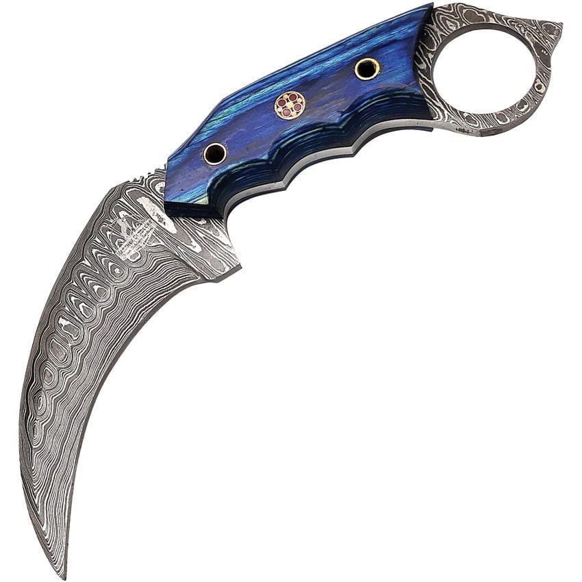 FH Knives nůž FH Karambit damašková ocel s pouzdrem MODRÝ