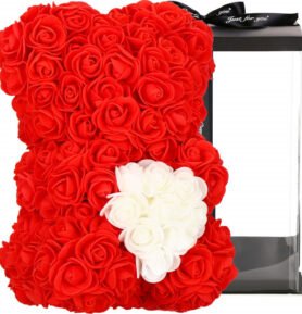 Medvídek z růží 30 cm, červený s bílým srdcem SPRINGOS ROSE BEAR