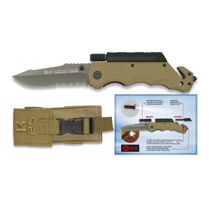 K25 nůž zachranářský 19540 se svítilnou a křesadlem PÍSKOVÝ