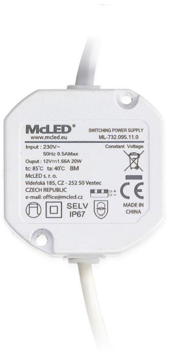 McLED Napájecí zdroj 20 W, DC12 V/1,67 A, IP67, do elektroinstalační krabice