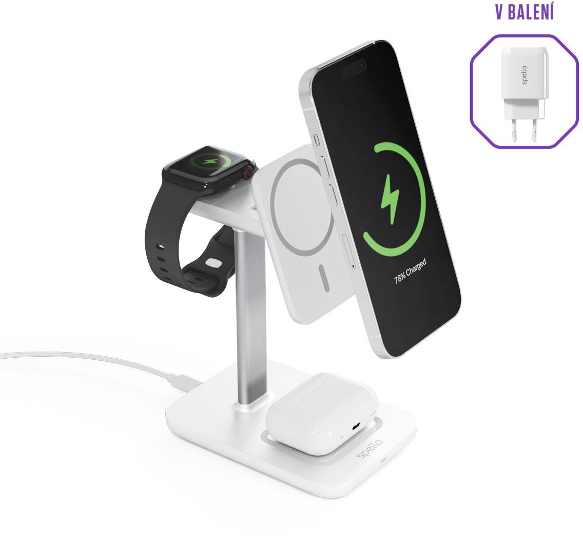 Spello 3in1 bezdrátová nabíjecí stanice s podporou MagSafe - bílá