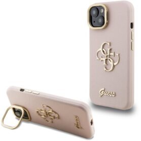Guess PU Grained 4G Logo Stand Camera Frame Zadní Kryt pro iPhone 15 Pink