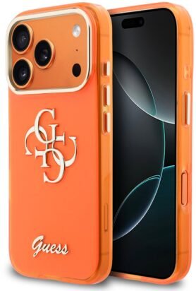 Guess IML 4G Script Metal Logo Zadní Kryt pro iPhone 17 Pro Max Orange