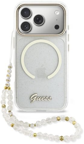 Guess IML Glitter Script Strap MagSafe Zadní Kryt pro iPhone 17 Pro Transparent