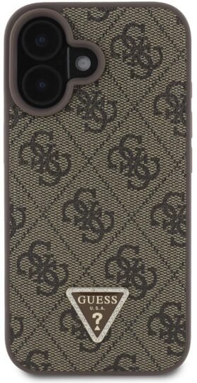 Guess PU 4G Strass Triangle Metal Logo Zadní Kryt + Crossbody Popruh pro iPhone 16 Brown