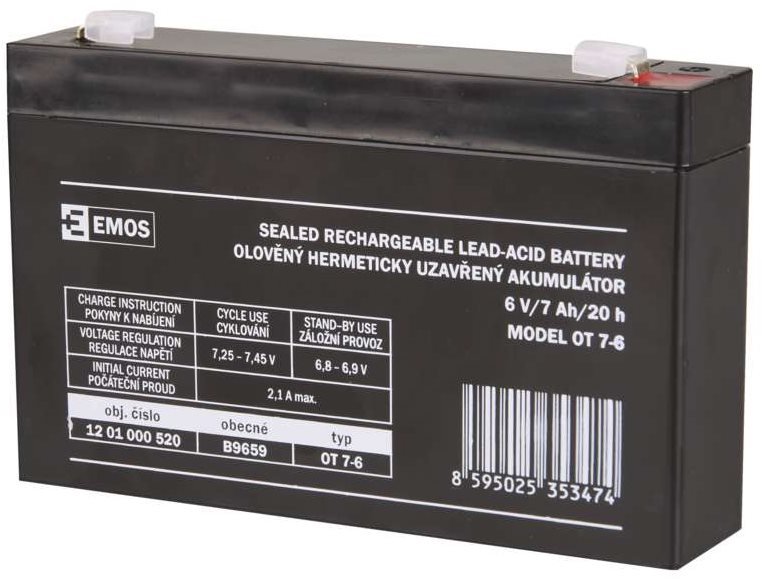 EMOS Bezúdržbový olověný akumulátor 6 V/7 Ah, faston 4,7 mm