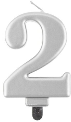 Narozeninová svíčka na dort - 2 - metalická stříbrná - 8 cm