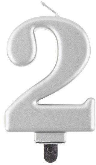 Narozeninová svíčka na dort - 2 - metalická stříbrná - 8 cm