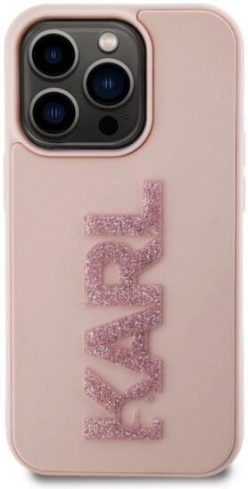 Karl Lagerfeld 3D Rubber Glitter Logo Karl Zadní Kryt pro iPhone 15 Pro Max Pink