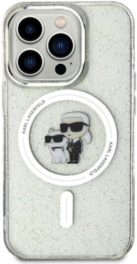 Karl Lagerfeld IML Glitter Karl and Choupette MagSafe Zadní Kryt pro iPhone 15 Pro Transparent